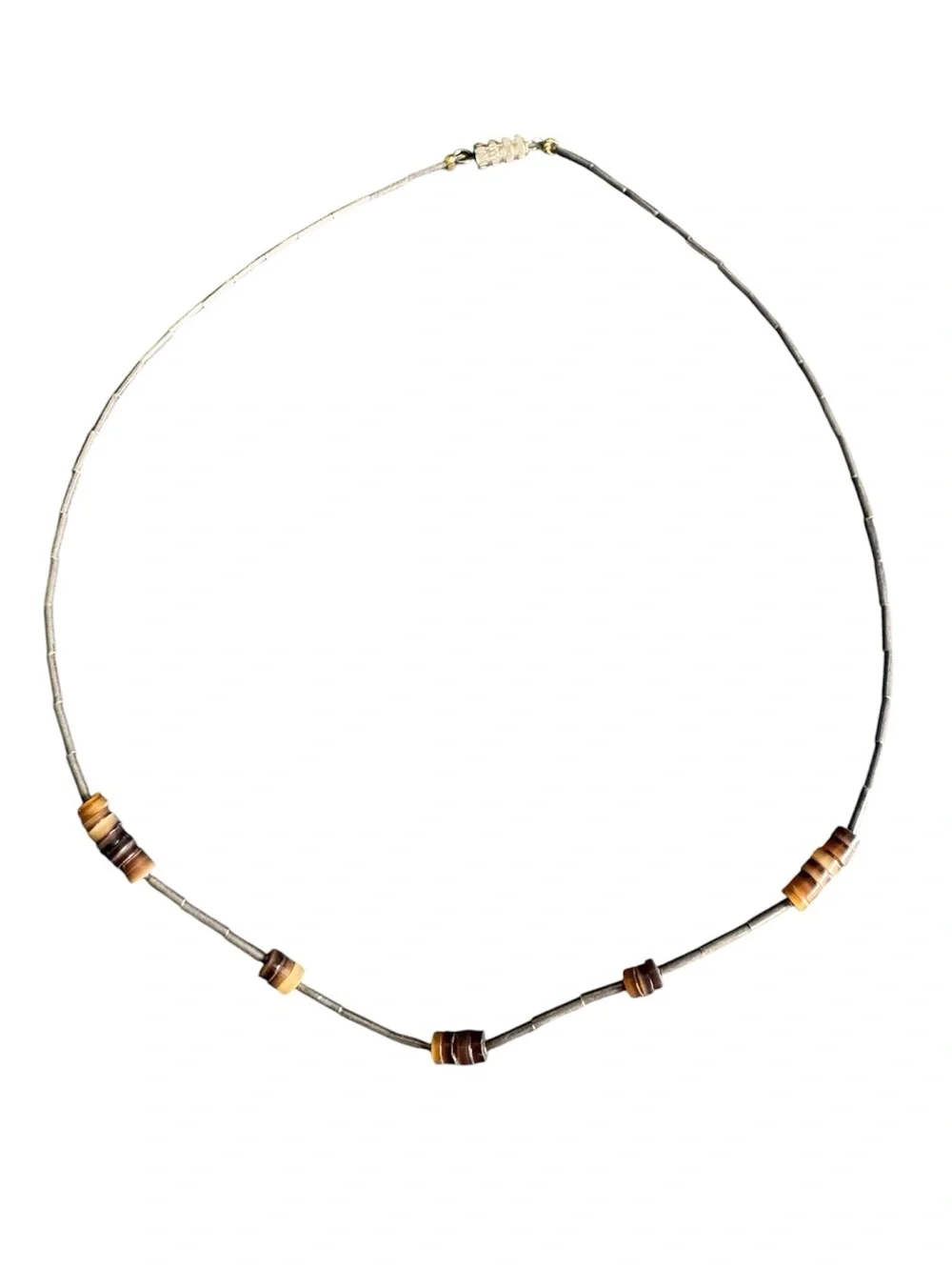 Vintage Tigers Eye Necklace 70s 80s Dainty Southwest Silver Bead Choker 14.5